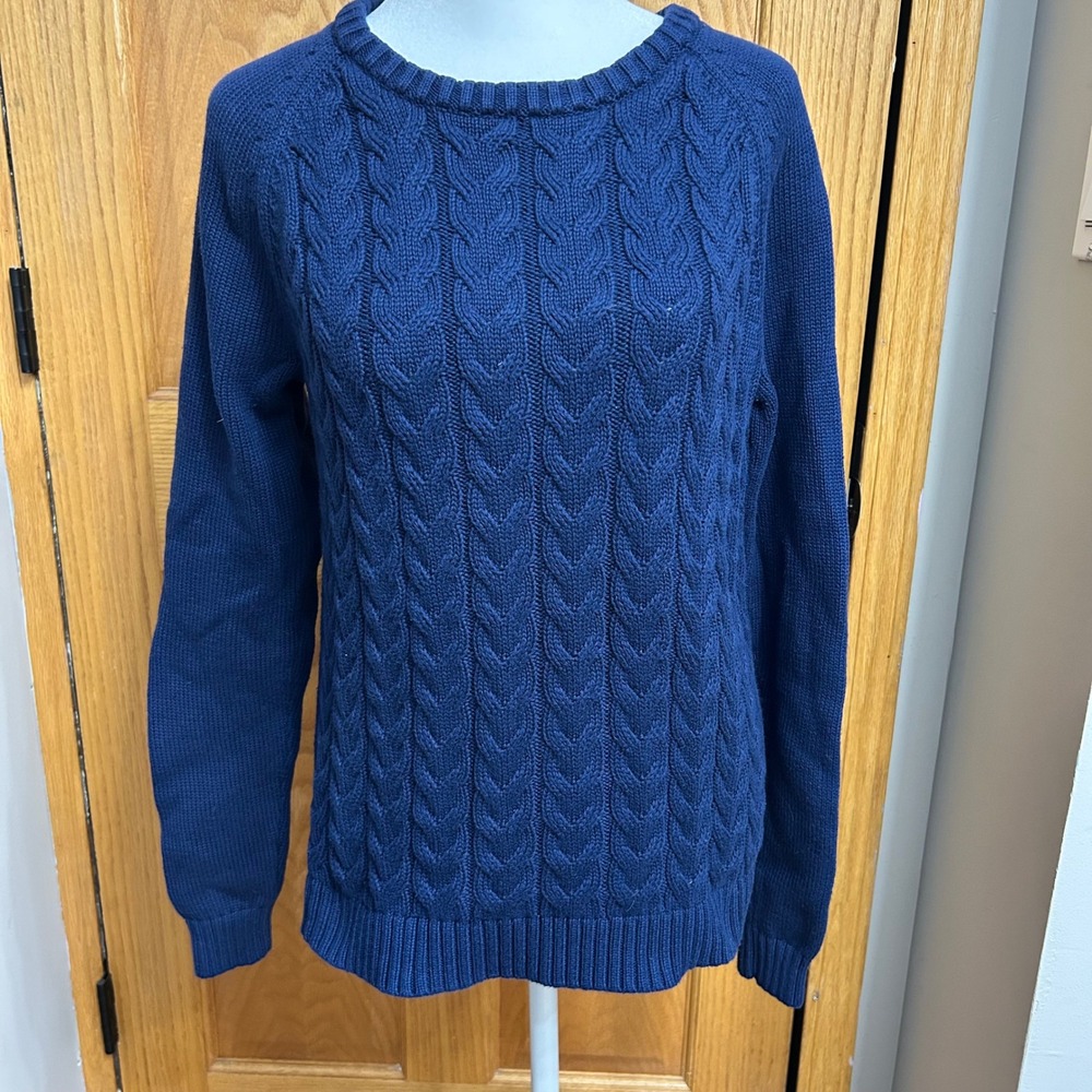 Lands' End Drifter Blue Cable Knit Crew Neck Cotton Sweater WomensM 10-12 - Picture 4 of 4